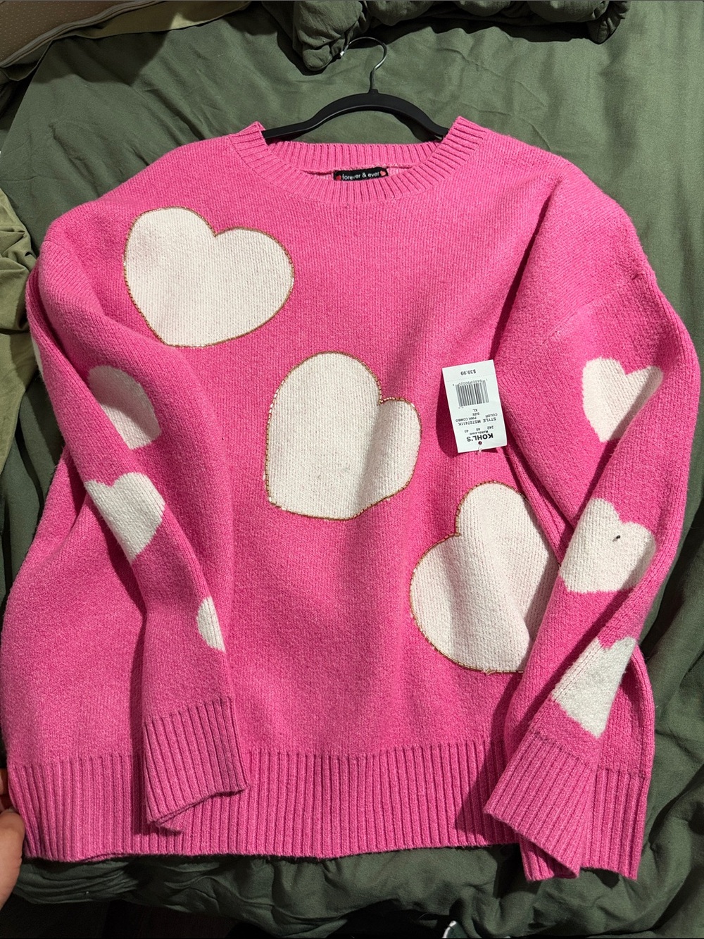 Kohl's Pink Crewneck Sweater with White Heart Intarsia